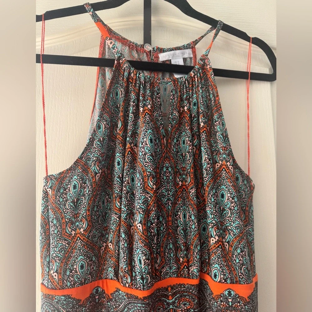 London Times Size 12 Medallion Sleeveless Halter Maxi Dress Orange and Blue NWOT